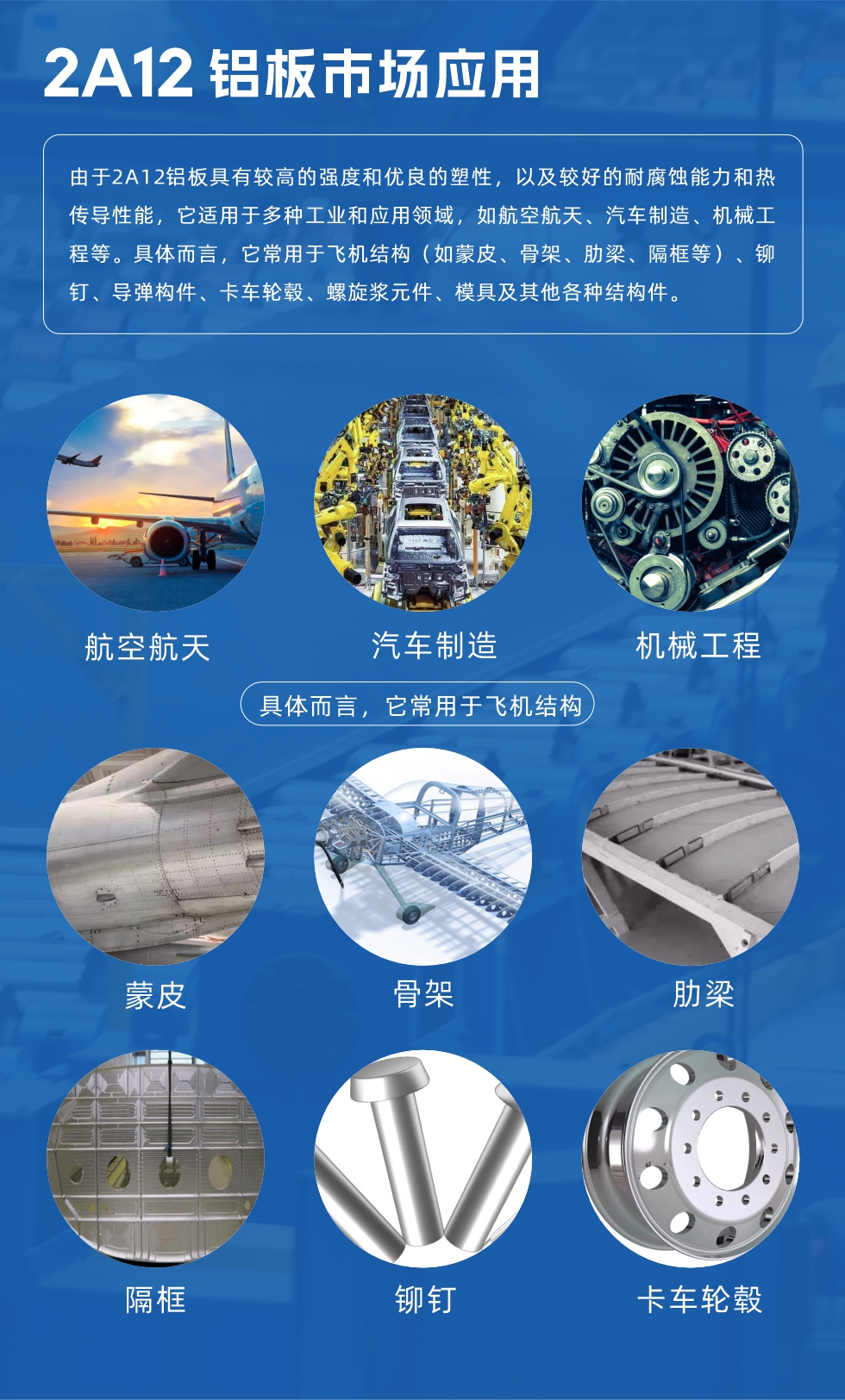 2A12鋁板產品用途

由于2A12鋁板具有較高的強度和優良的塑性，以及較好的耐腐蝕能力和熱傳導性能，它適用于多種工業和應用領域，如航空航天、汽車制造、機械工程等。具體而言，它常用于飛機結構（如蒙皮、骨架、肋梁、隔框等）、鉚釘、導彈構件、卡車輪轂、螺旋漿元件、模具及其他各種結構件。
